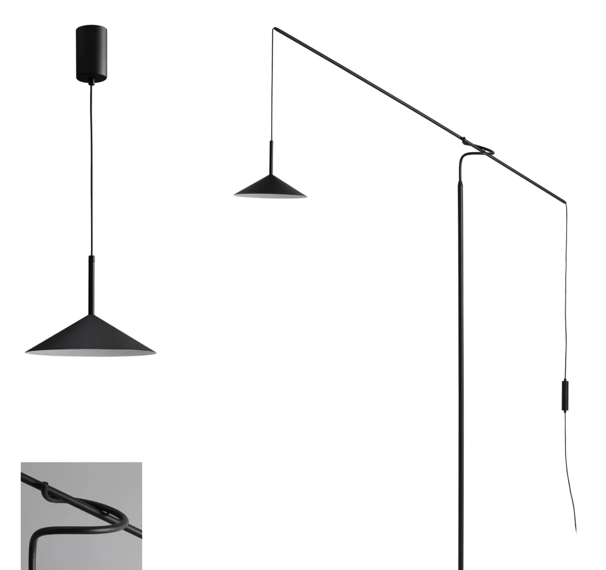 ZT3003 Arc Floor & Pendant — arc floor lamp and cone pendant, Sand black finish