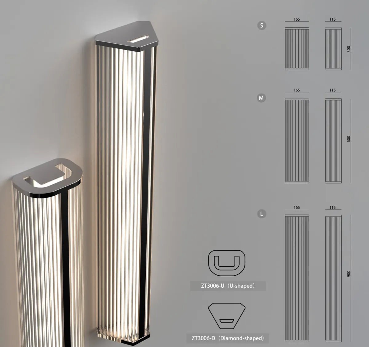 ZT3006 Fluted Glass Wall Light — LED fluted glass wall light, Chrome finish