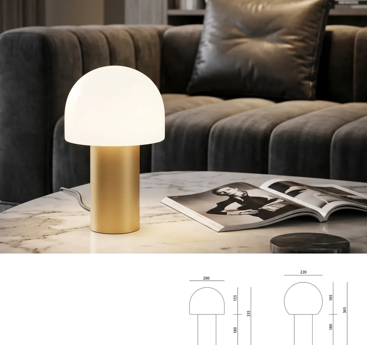 ZT3009 Mushroom Glass Family — opal glass table, floor and pendant lamp family, Brushed nickel finish