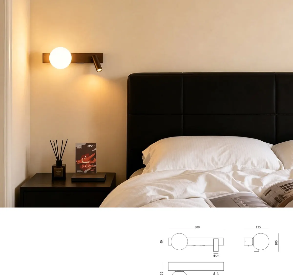 ZT4002 Globe & Reader Bedside Light — hotel bedside wall light with reading spot, Gold painting finish