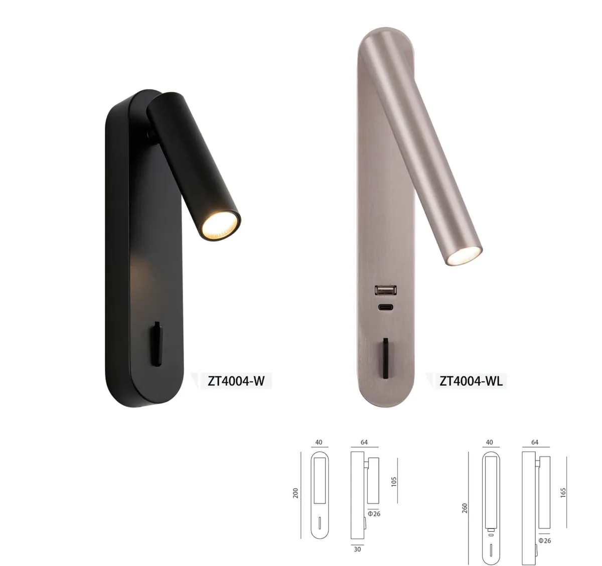 ZT4004 Tube Reader — hotel bedside reading light, Gold painting finish