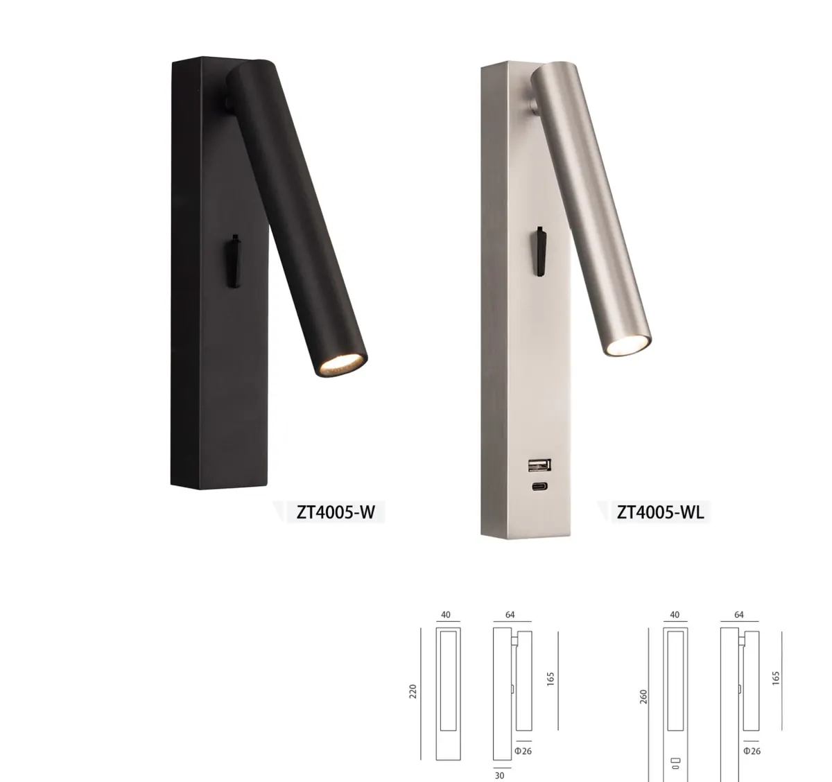 ZT4005 Slim Reader — hotel bedside reading light, Gold painting finish