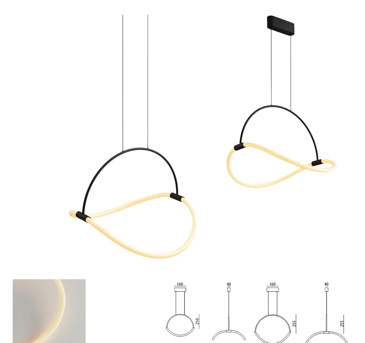 ZT8019 Rope Arc Pendant — woven rope LED pendant light, Sand black finish