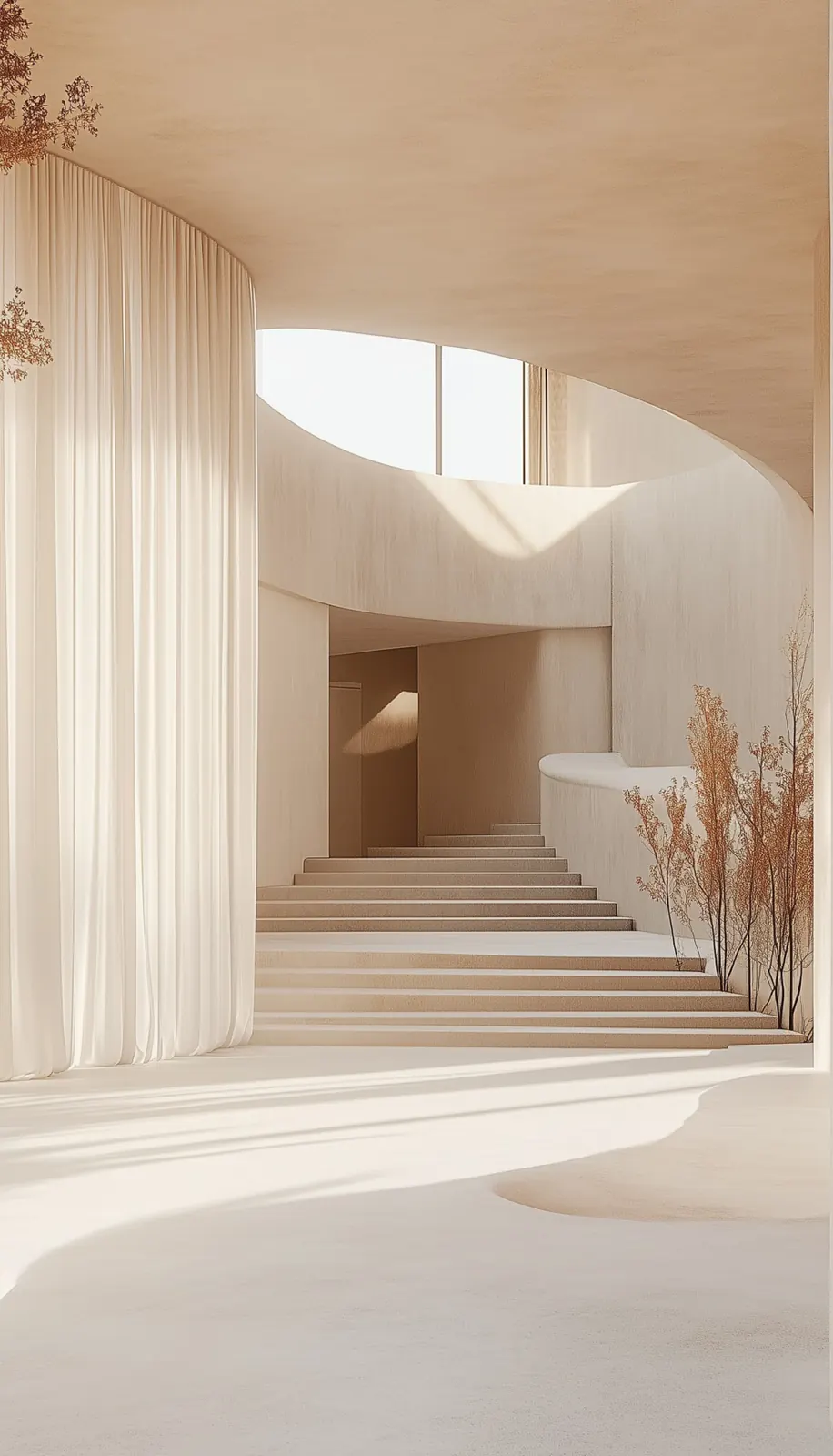 Curved, daylit architectural interior — the calm, textured spaces Zeti Lighting designs for