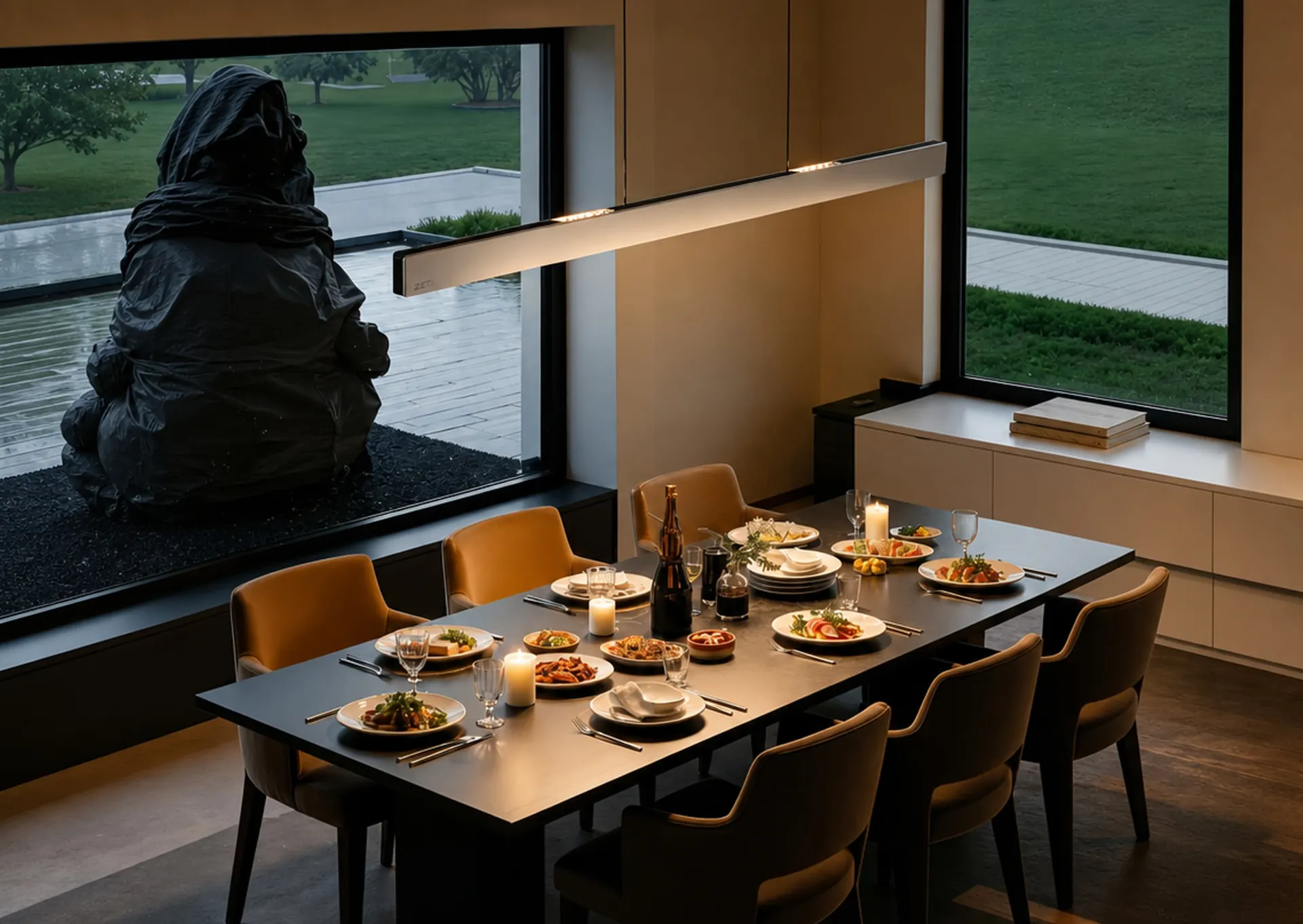 ZETI ZT8101 linear pendant light over a dining table in a modern villa, with a garden sculpture outside the window