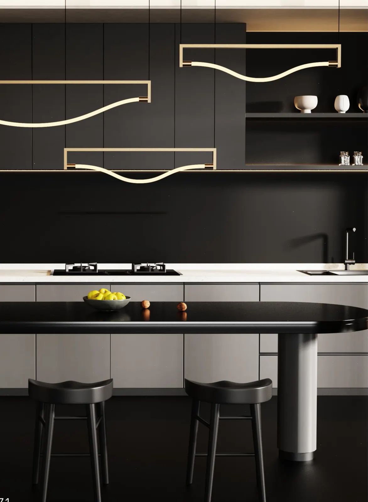 ZT8023 Neon Curve Frame Pendant — installed in a kitchen island